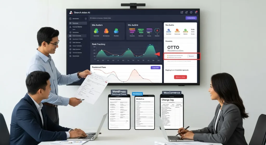 seo team reviewing search atlas ai dashboard and approving wordpress seo changes