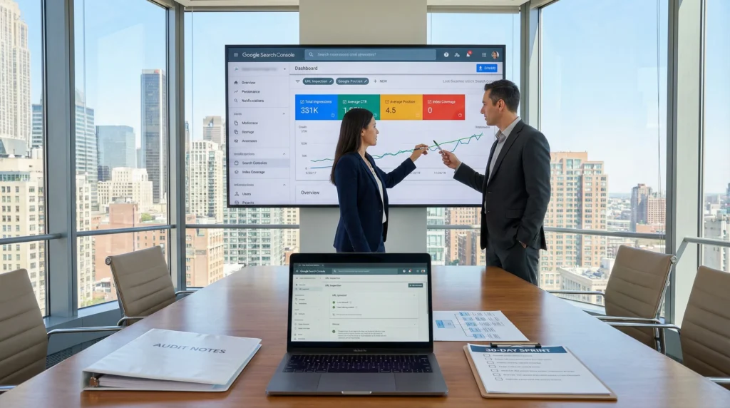 seo team reviewing search console charts to improve low visibility and rankings