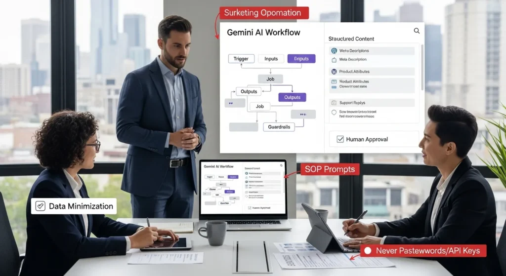 small team reviews gemini ai workflow for wordpress and woocommerce approvals