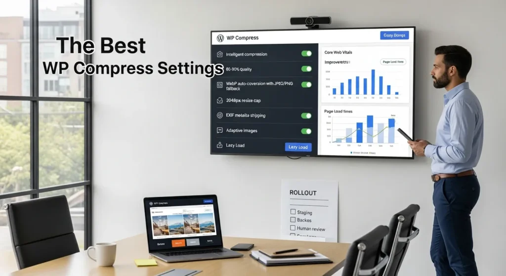 specialist reviews wp compress settings and core web vitals on a large screen