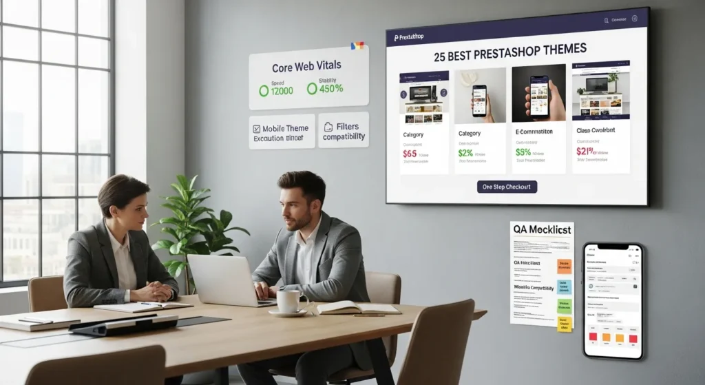 team comparing prestashop themes on screens with mobile and speed metrics