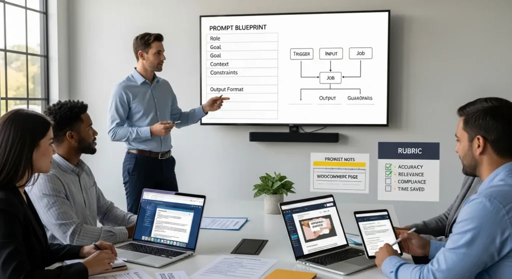 team in modern office designing prompt engineering workflow for wordpress and woocommerce