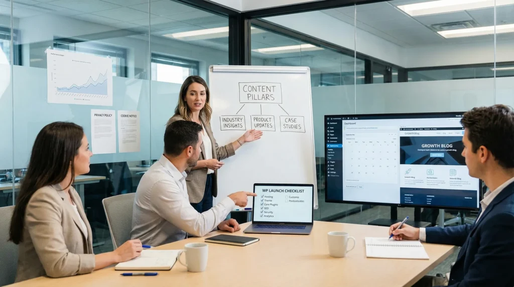 team planning a wordpress blog strategy in a modern u s office