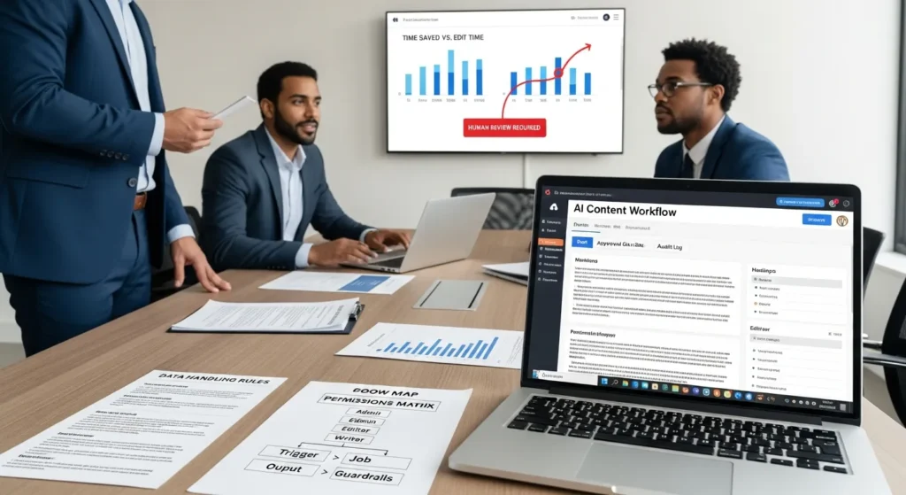 team reviewing a secure ai content workflow with approvals and audit logs