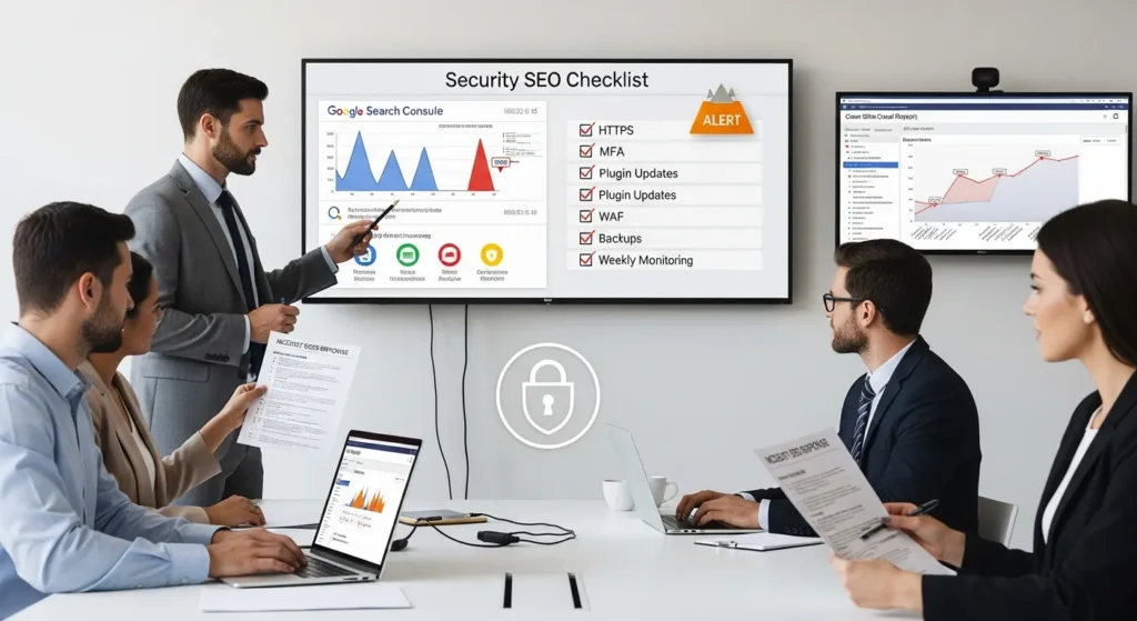 team reviewing a security seo checklist and search console alerts in office