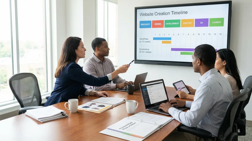 team reviewing a website creation timeline on a conference room screen