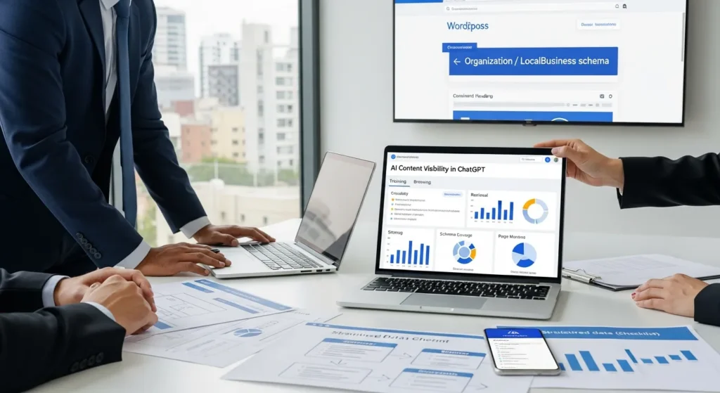 team reviewing dashboard on ai content visibility in chatgpt in modern office
