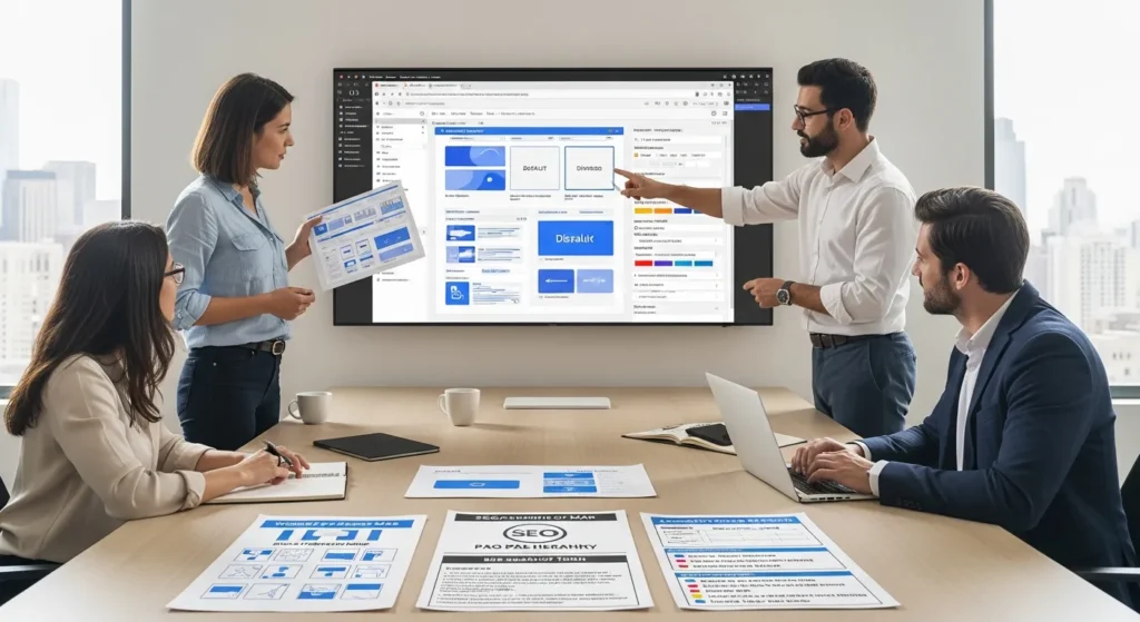 team reviewing figma designs and specs for a wordpress website handoff