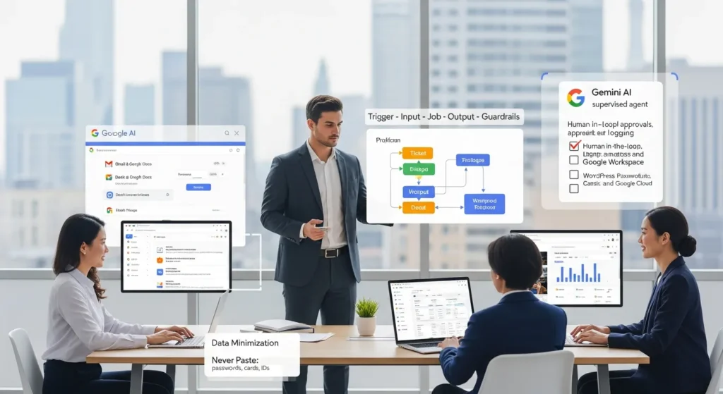 team reviewing google ai workflow with guardrails on laptops in modern office