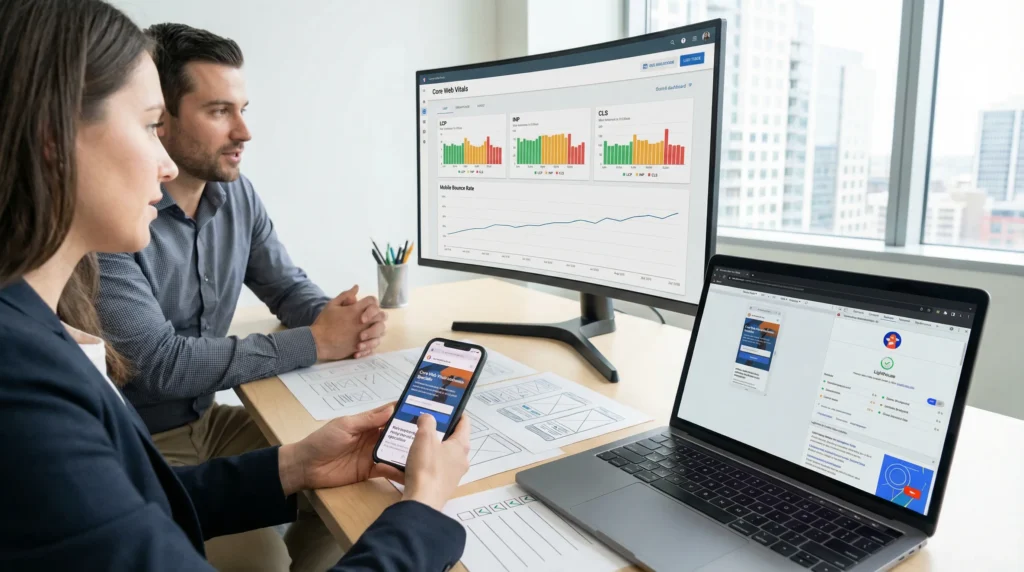 team reviewing mobile ux issues and core web vitals on phones and desktop