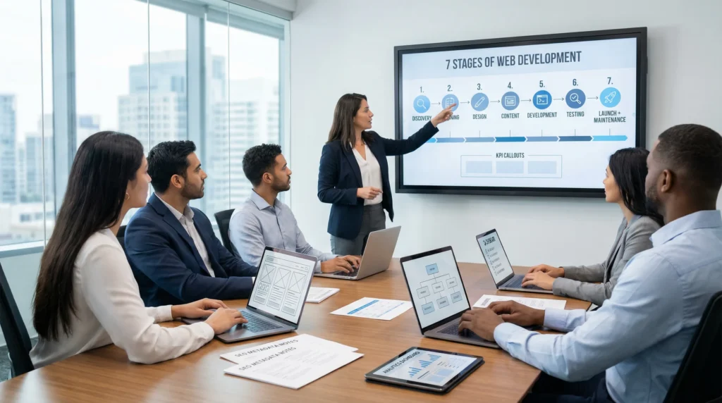 team reviewing the seven stages of web development on a conference room screen