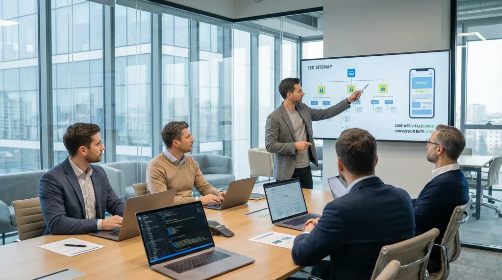 team reviewing wordpress design seo and performance metrics in a modern office