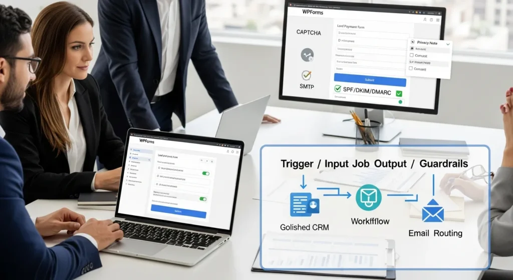 team reviewing wpforms workflow on laptop with crm routing and email deliverability checks