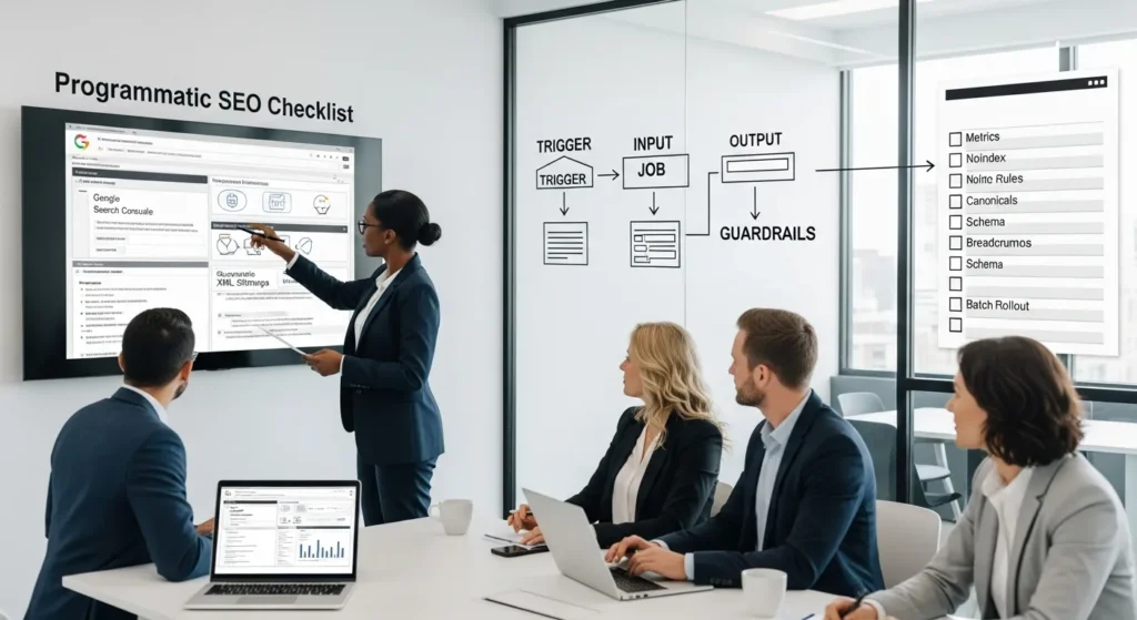 team reviews a programmatic seo checklist on dashboards in a modern office