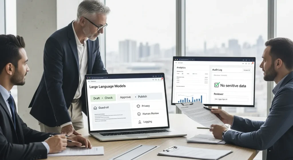 team reviews large language model outputs with guardrails in a modern office