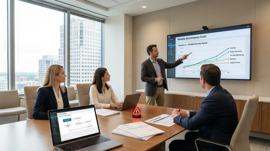 team reviews website maintenance costs dashboard and support hours in a modern office