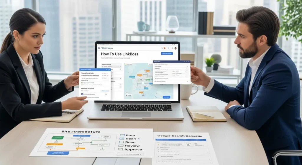 two marketers review linkboss internal linking suggestions on a wordpress dashboard