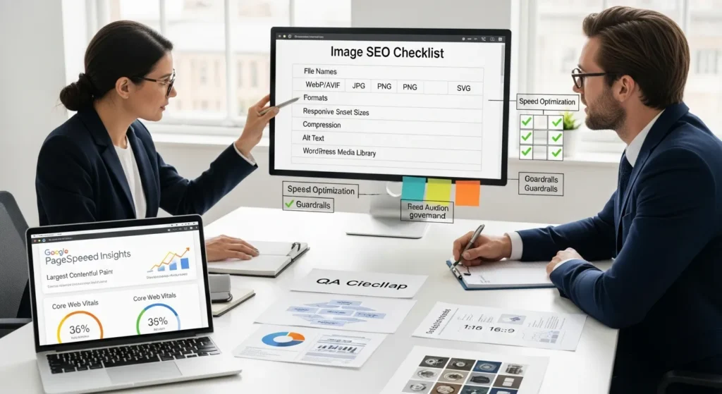 two professionals review an image seo checklist and page speed metrics