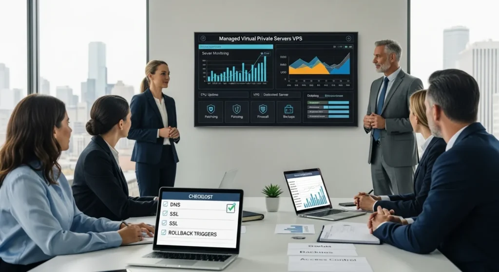 us team reviewing managed vps performance security and migration plan in office