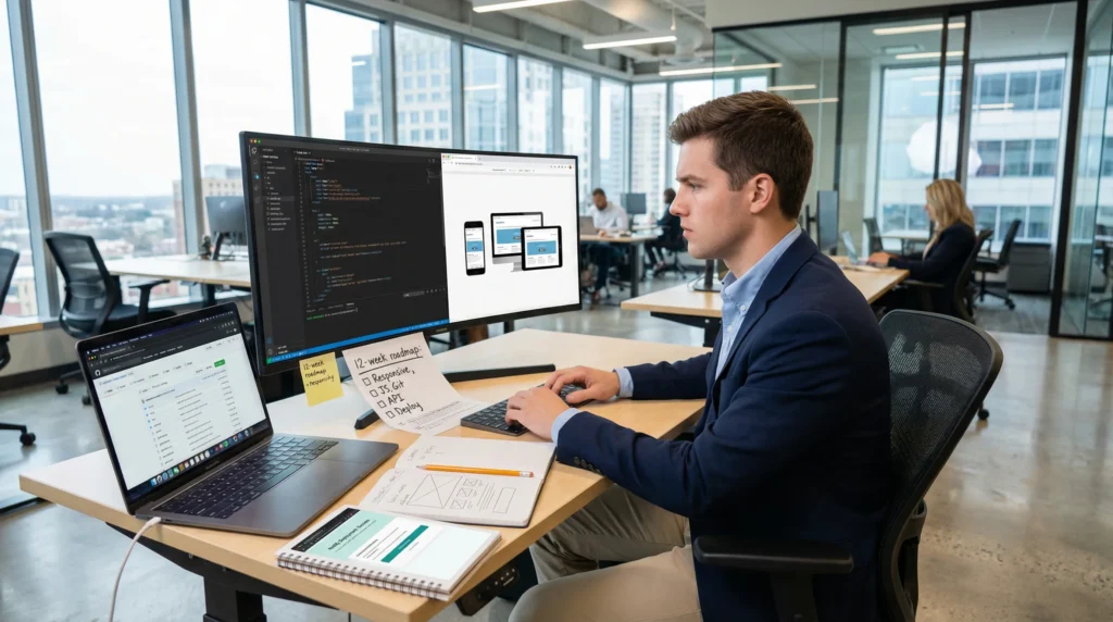 web developer coding a responsive site with github and deployment dashboard open