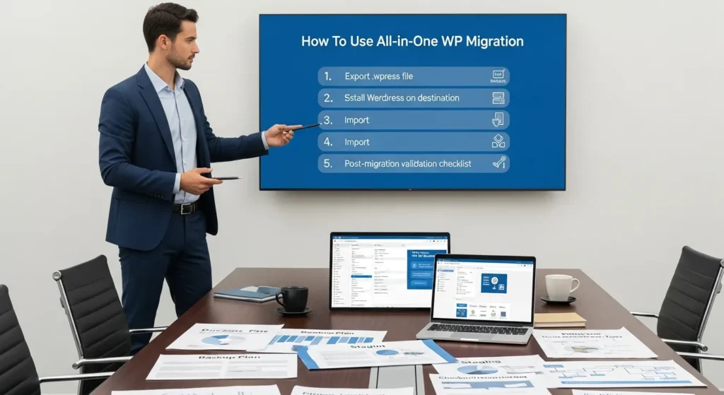 wordpress admin reviewing all in one wp migration steps on a conference room screen