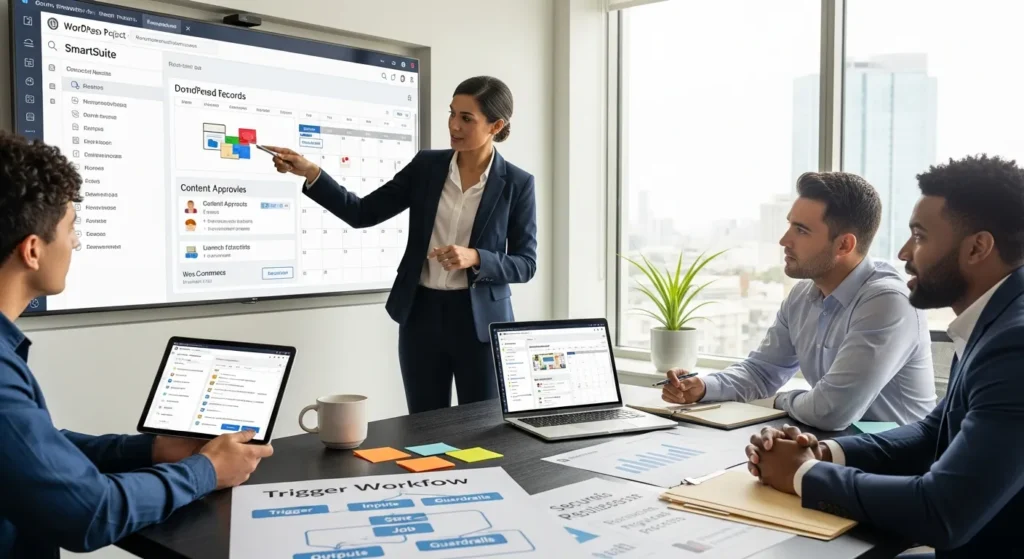 wordpress team reviewing smartsuite dashboards for workflows approvals and launch planning