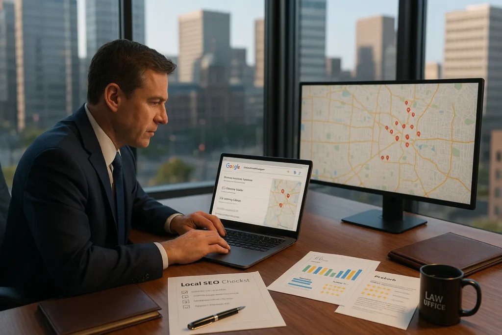 attorney in modern u s office reviewing local seo map results and client reviews