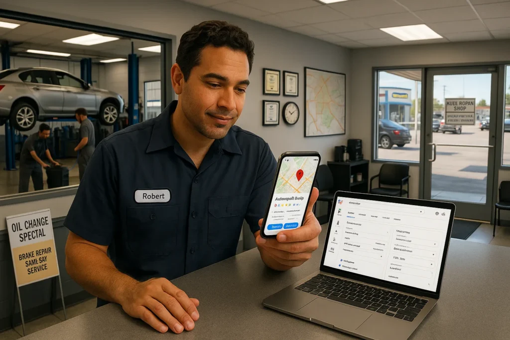 auto shop owner reviews his google local search listing on phone and laptop