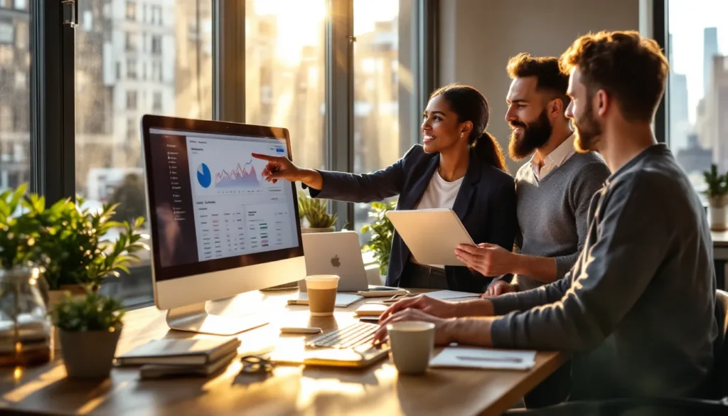 business team reviewing wordpress plugins on computer in modern office