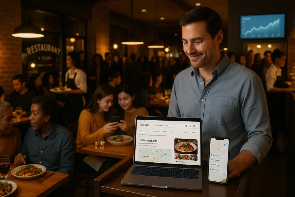 busy u s restaurant packed with diners as owner checks top google local search ranking