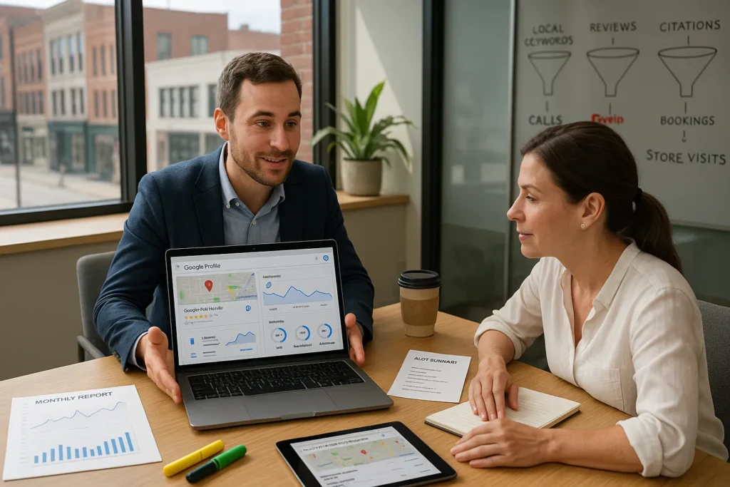 consultant and small business owner reviewing local seo results on a laptop