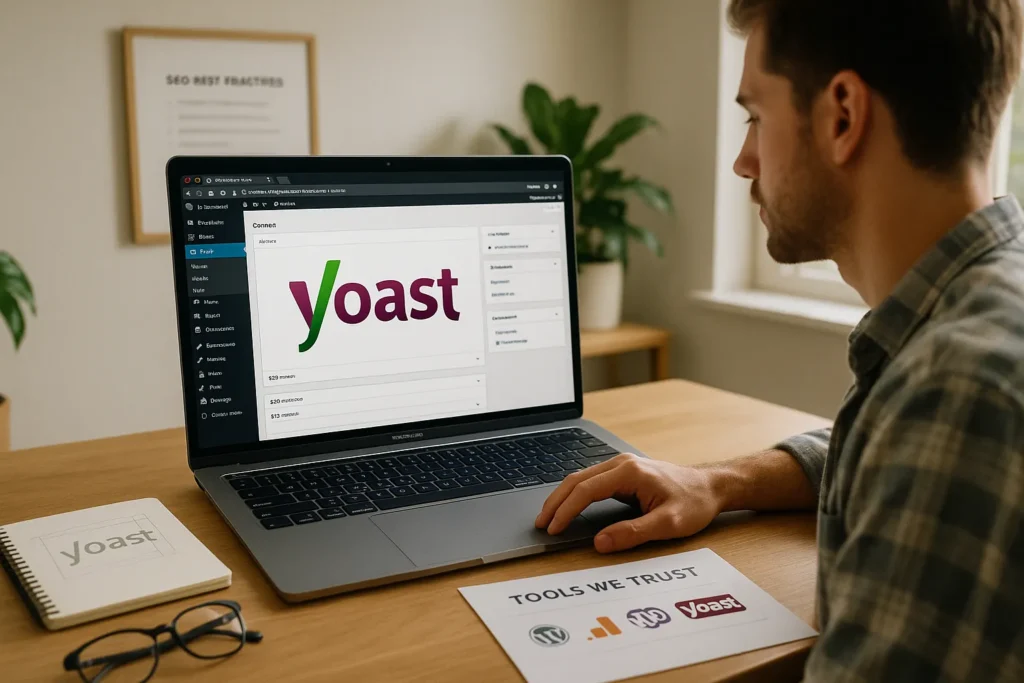 designer reviewing yoast seo logo usage on a wordpress dashboard laptop screen