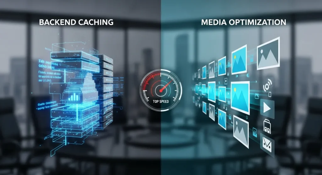 digital dashboard comparing website caching and image optimization performance metrics