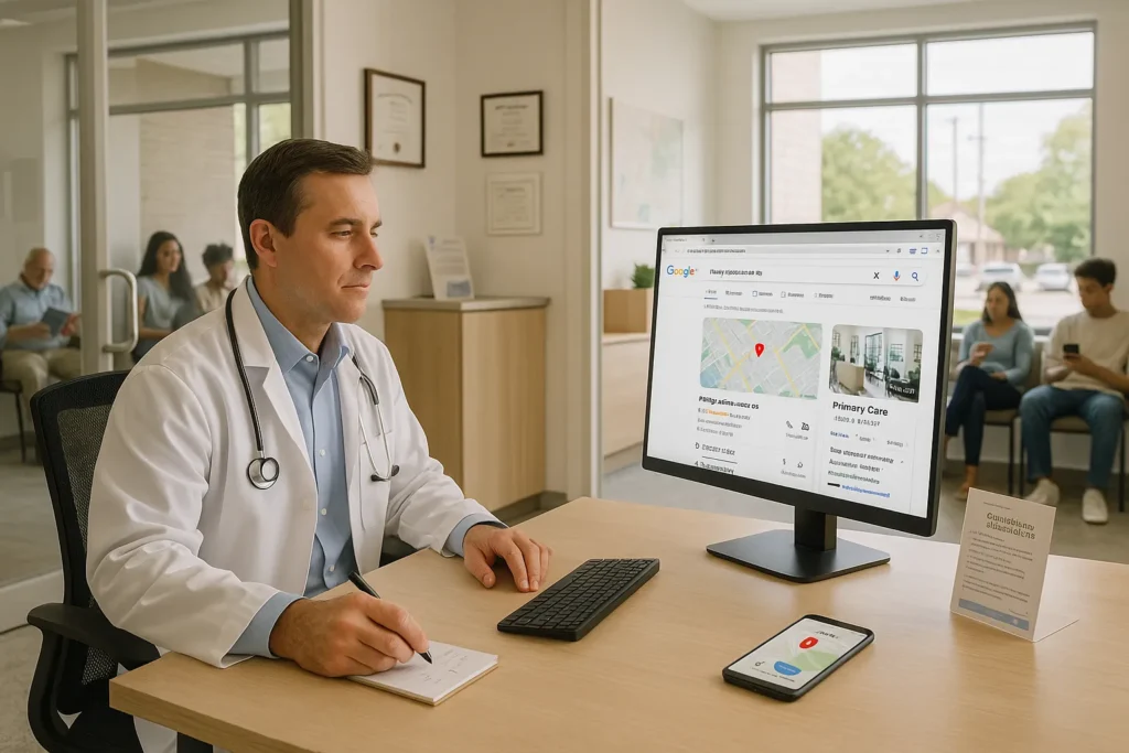 doctor in a u s clinic reviewing google local listings and online patient bookings