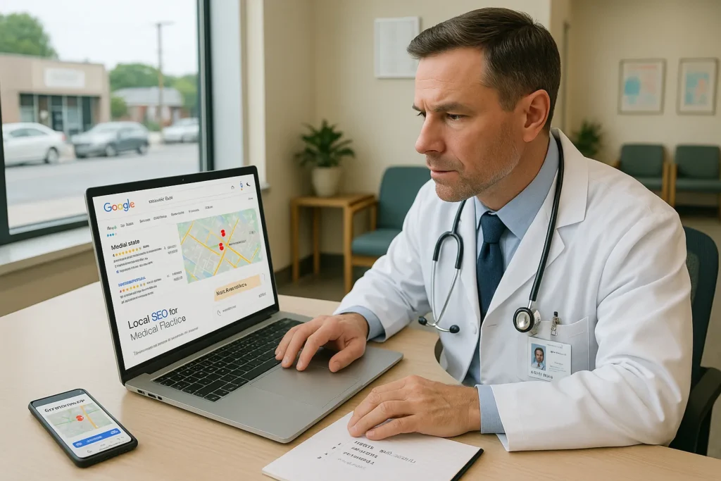 Local SEO For Medical Professionals: A Practical Guide To Attract Nearby Patients 2 doctor in u s clinic reviewing google local search results for his practice