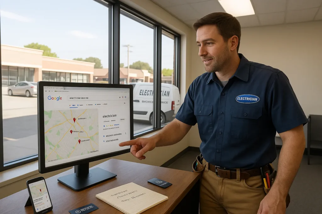 Local SEO For Electricians: Practical Steps To Get More Local Calls From Google 2 electrician in u s office checking his business in google local map results