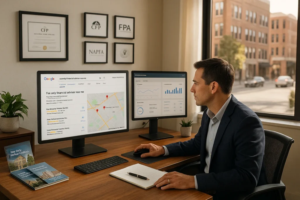 financial advisor in u s office optimizing google local seo to attract nearby clients