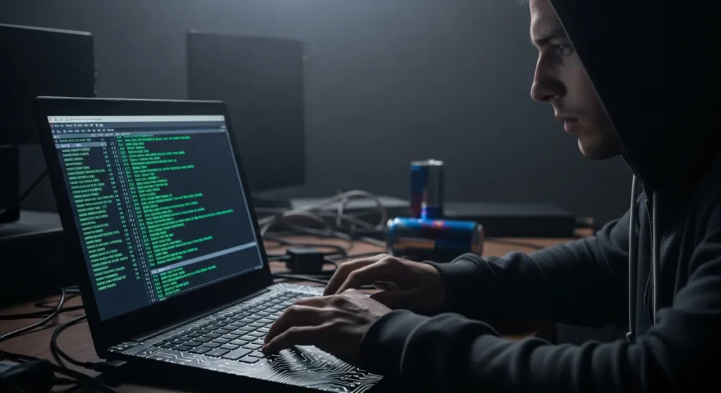hacker looking at a laptop running a command console
