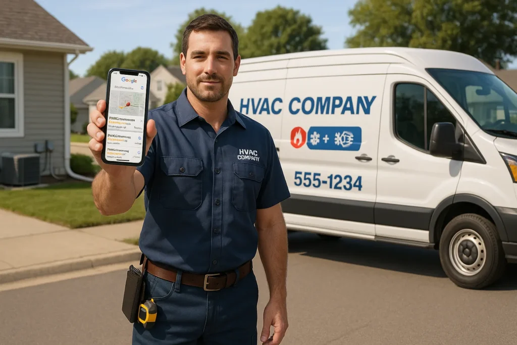 hvac technician by branded van checking google local search results on phone