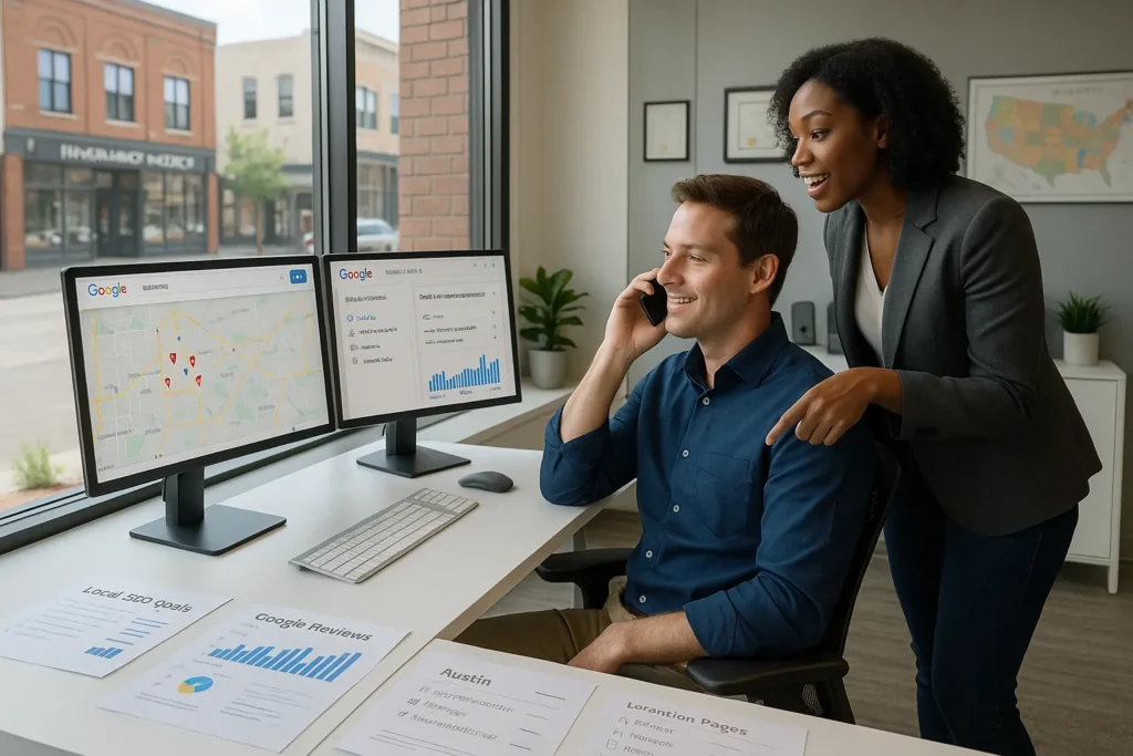 insurance agents review local seo results on google maps and business profile screens