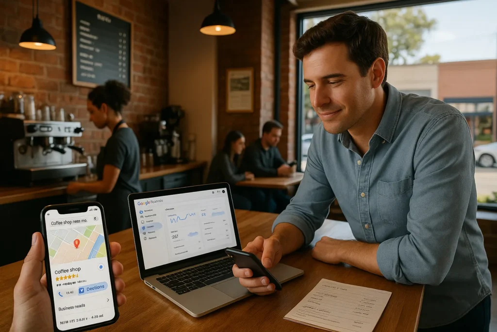 local coffee shop owner checking google maps listing and seo insights on phone