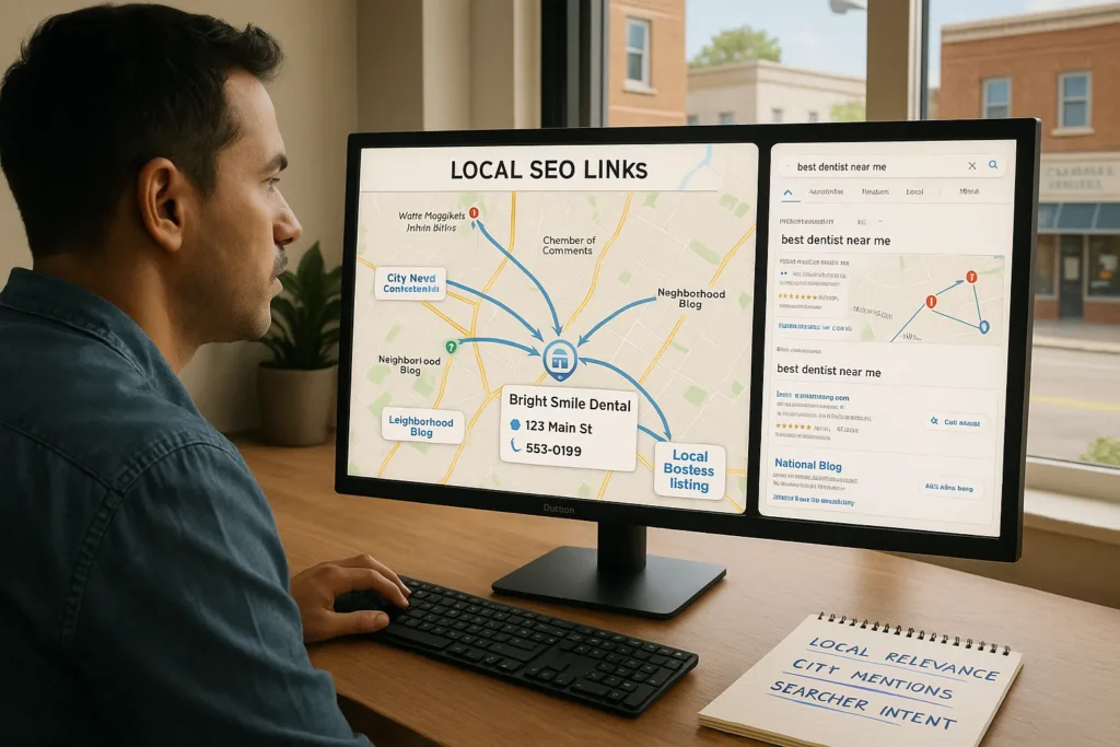 Local SEO Links: How To Build Powerful Local Backlinks That Rank And Convert 2 marketer analyzing local seo links on a city map and local search results