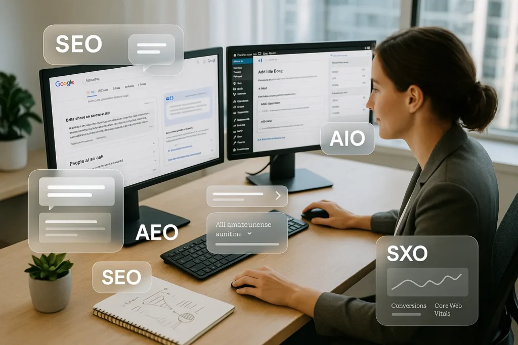marketer at dual monitors managing seo geo aeo aio and sxo in wordpress
