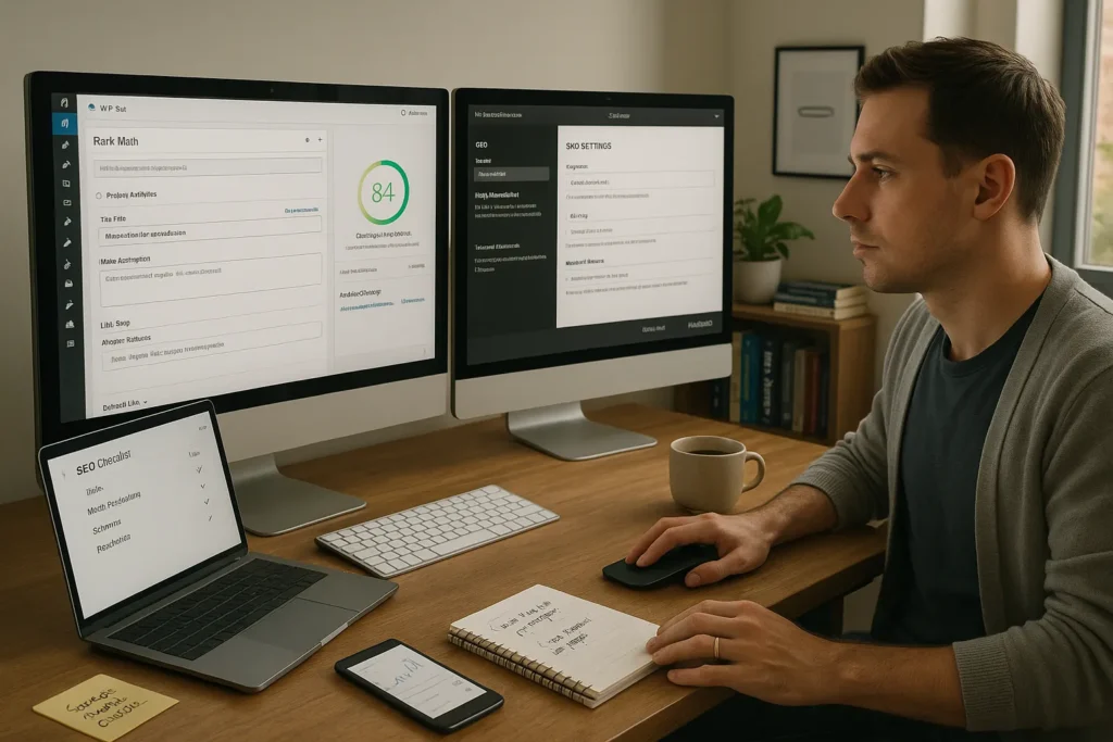 marketer comparing rank math wordpress seo tools with squarespace seo settings on monitors