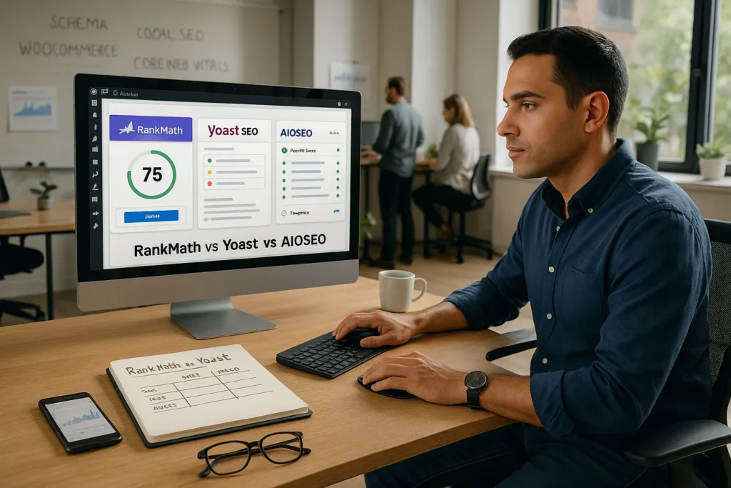marketer comparing rankmath yoast and aioseo plugins on a wordpress dashboard