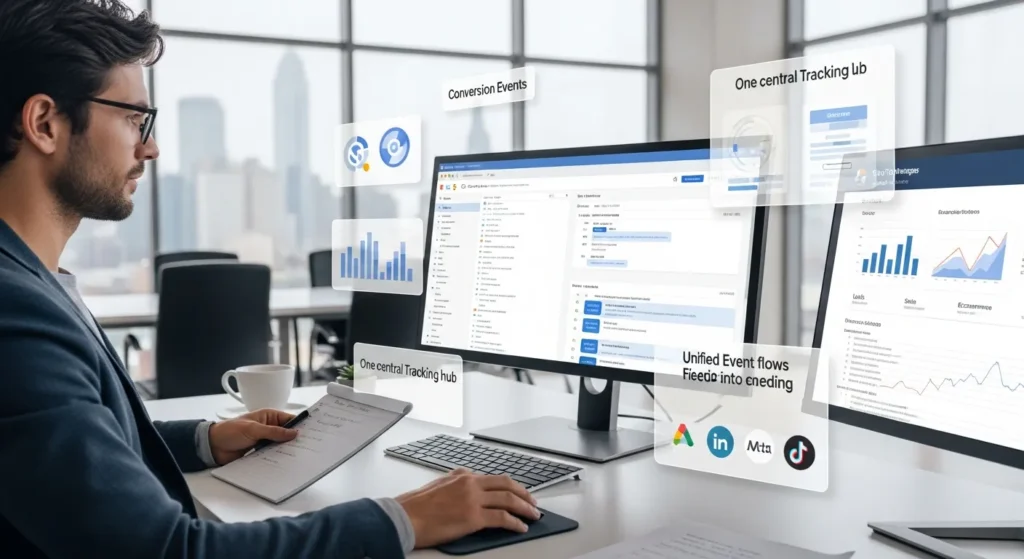 marketer configures google tag manager with wordpress in a modern office workspace
