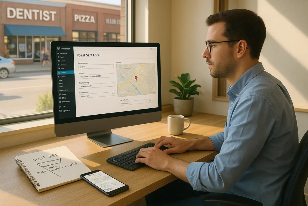 marketer configures yoast seo local on wordpress with u s main street in background