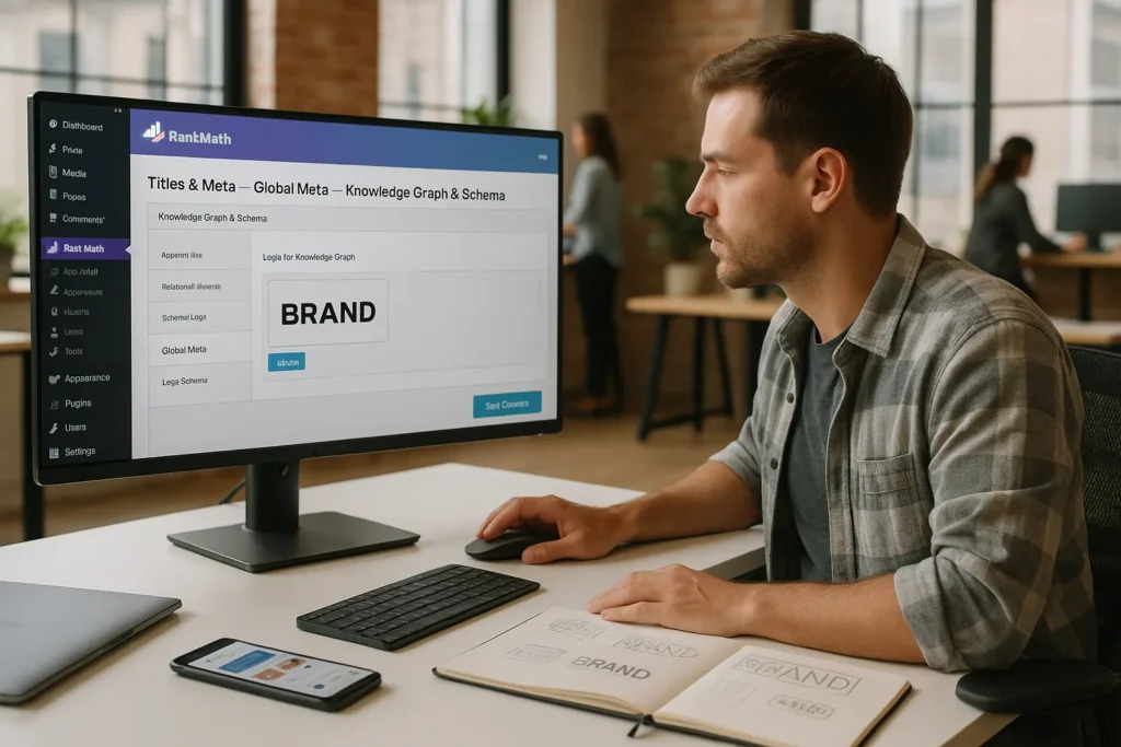 RankMath SEO Logo: How To Set Up a Brand-Ready Logo in WordPress 2 marketer configuring a brand logo in rank math seo settings on a desktop screen