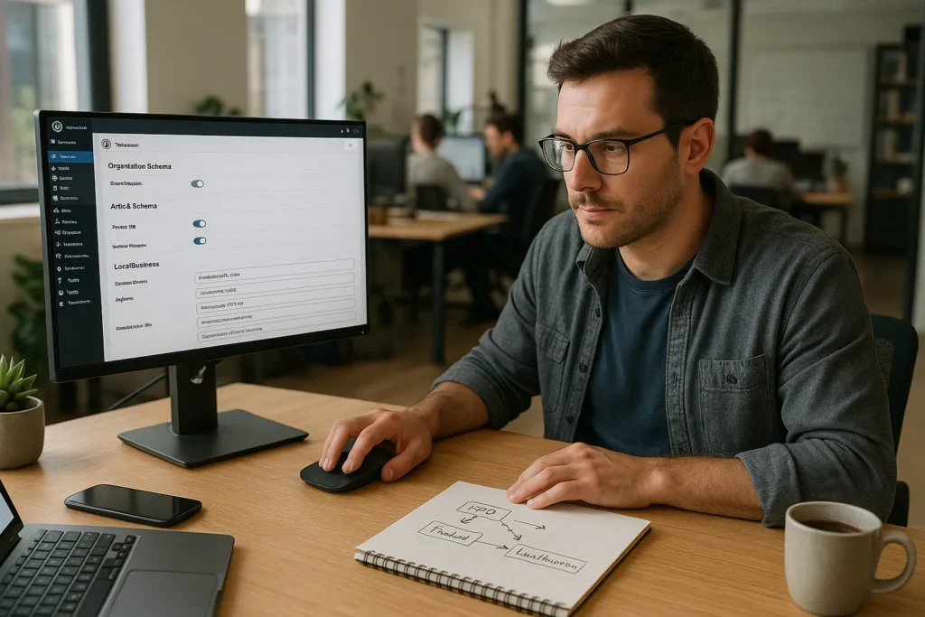 marketer configuring schema in wordpress while viewing rich results on google search