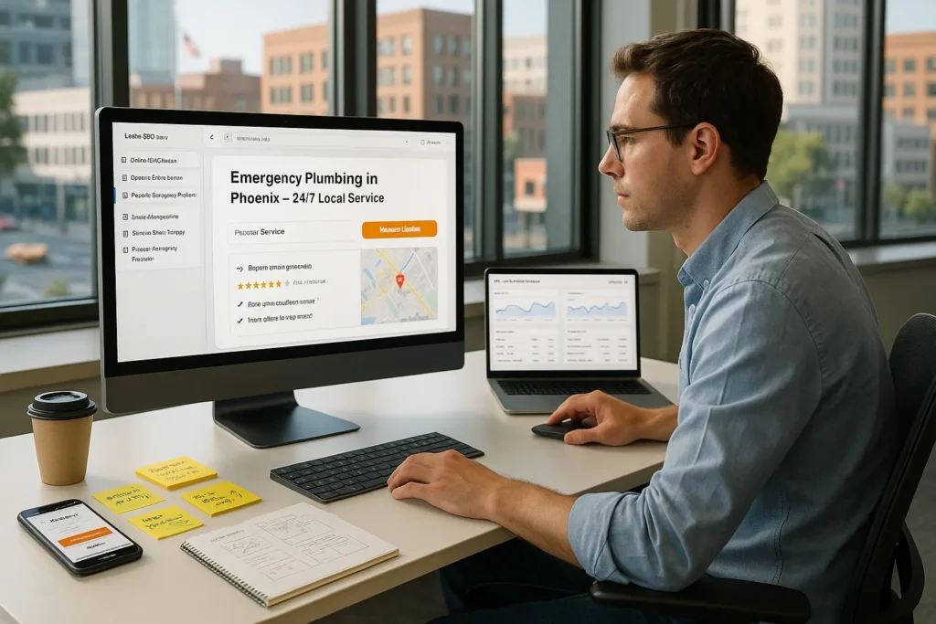 marketer optimizing multiple u s city local seo landing pages on screens in office